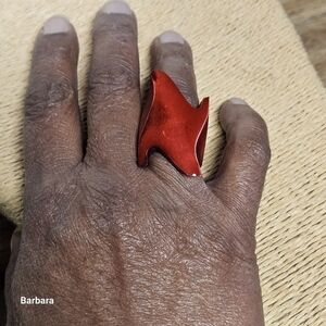 Vintage 80s Red Asymmetrical Abstract Sandalwood Ring, Size 7